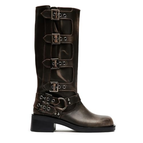 QIV Wide Calf Knee High Motorcycle Boots for Women – Chunky Heel Biker Riding Boots with Buckles & Rivets, Vintage Punk Style