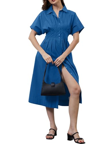 Image of Women Striped Button Down Shirt Maxi Dresses Summer Pleated Short Sleeve Collar Casual Corset Long Dress