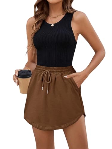 EARKOHA 2025 Skirts for Women Women's Summer Drawstring Elastic Waist Pocket Lined Casual Vacation Comfortable Sports Sweatshirt Skirt Mocha Brown XL
