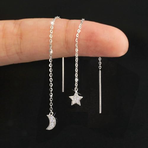 Solid 14K Gold Earrings, White Gold Earrings OR Rose Gold Earrings Handmade CZ Stone Star Moon Crescent Threader Drop Earrings2