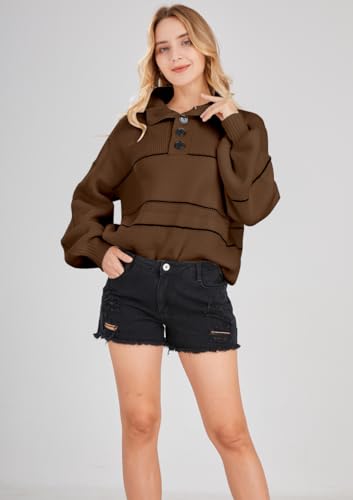 Image of chouyatou Women's Slouchy Waffle Knit Sweater 1 /2 Button Polo Collared Pullover Striped Sweater Tops