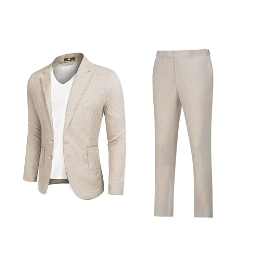 Mens Linen Suits 2 Piece Beach Wedding Blazer Summer Grooms Classic Lightweight Breathable Jacket Pants3