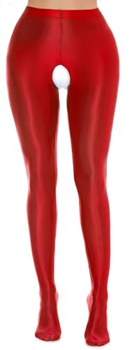 Image of FEOYA Women's Open Crotch Oil Shiny Pantyhose High Waist Control Top Silky Oily Crotchless Footed Tights Stockings