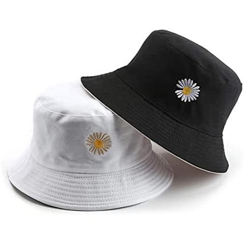 Funfun Home Double-Sided Black and White Embroidered Daisies Bucket Hats Unisex Fisherman Hat Outdoor Cap Fashion Hats Sun Hats, One Size Cover