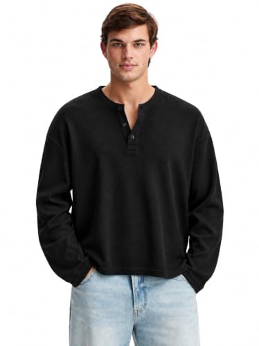 ARKLOY Men's Black Waffle Knit Henley T-Shirt - Image 2