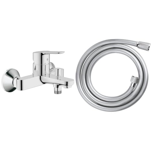 GROHE BauEdge | Badarmatur - Einhand-Wannenbatterie, mit automatischer Umstellung für Badewanne und Dusche | chrom | 23334000 & Relexaflex | Brauseschlauch 1500 |chrom | 28151001