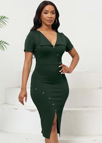 Image of Fooullaide Women's Sexy Bodycon Mid Dress Stretch Short Sleeve V Neck Cocktail Party Dresses