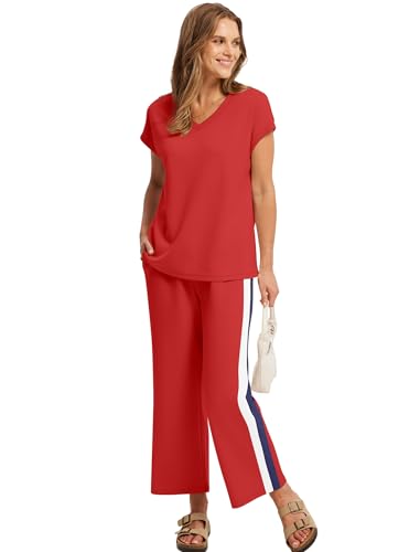 Image of Saloogoe Two Piece Sets for Women Summer Outfits Lounge Sets V Neck Tops Wide Leg Pants Woman Vacation Travel Outfits