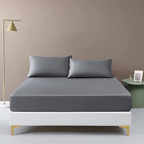 SeventhStitch Extra Deep Fitted Bed Sheet 100% Egyptian Cotton 600 Thread Count 30cm /12'' Easy To Fit Bedding White Grey Bedsheets Double King Super Size Cover Sheets (Grey, King), (BB123) Cover