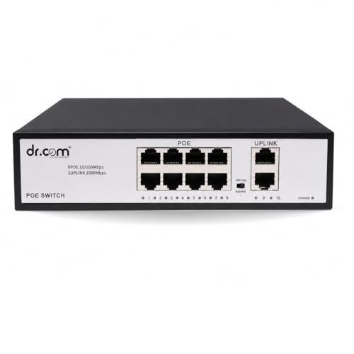 Image of dr.com 10 Port PoE Switch with 8 PoE Ports and 2 Gigabit Uplink Ports 10 /100 /1000 Mbps 120W Power IEEE 802.3af /at for CCTV IP Camera Network Switch Plug and Play Metal Body Black