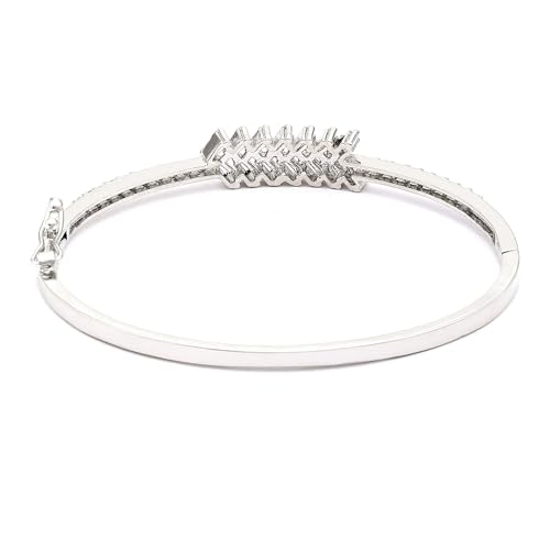 Image of ZENEME Rhodium-Plated Silver Toned American Diamond Leaf Design Openable Hinged Kada Bracelet for Women & Girls | CZ Studded Designer Hand Jewellery
