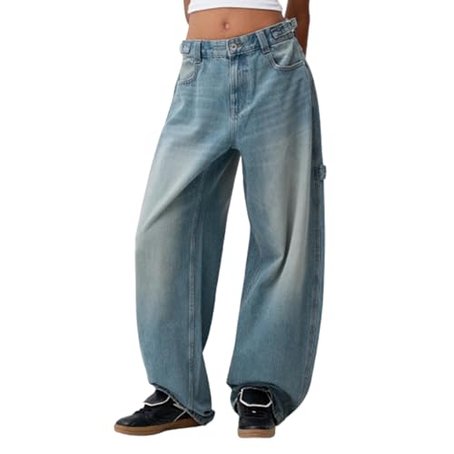 Women Wide Leg Denim Pants High Waist Vintage Distressed Jeans Trousers Streetwear