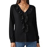 WOWENY Damen Bluse V-Ausschnitt Elegant Rüschen Langarm Blusen Festliche Oberteile Sexy Slim fit Langarmshirt Lässig Hemdbluse Damen Tops Longshirt,Schwarz,XXL