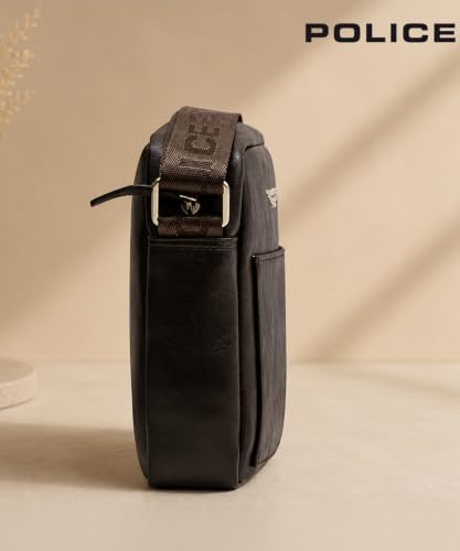 Image of Police Men's Premium Crossbody Sling Bag | Vegan Leather Finish | Lightweight & Compact Travel Shoulder Bag | Adjustable Strap | Multiple Compartments | Stylish Everyday Office & Casual Use | Brown