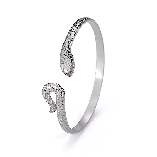 Bracciale rigido aperto a forma di serpente: il serpente attraversa il ponte simbolico tra la connessione luna e il sole e il rapporto tra acqua e fuoco. Il serpente supporta significati audaci, ma simboleggia anche morbidezza, sottigliezza, occultamento, rinascita e rinnovamento. Questo bel design può evidenziare il tuo aspetto, afferrare gli occhi di tutti tra la folla.
