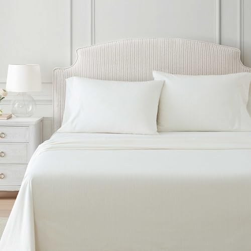 Image of Martha Stewart - Queen Size Sheet Set, Crisp & Tailored Bedding with a Smooth Cotton Percale Feel, Deep Pocket, Bed Sheets with Matching Pillowcases & Fitted Sheet (Dotted Stripe Yellow)
