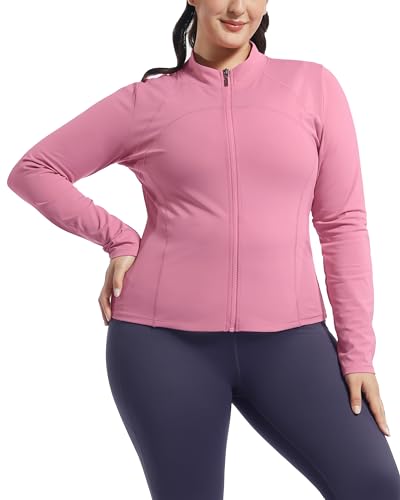 VFUS Women Athletic Plus Size Track Scrub Jacket Slim Fit Shirts Full Zip Lightweight Top Running Workout Hiking Yoga(X-Large, Briar Rose)