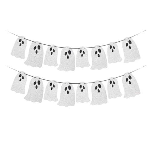 (2 Packs) White Glitter Halloween Hanging Ghost Banner - Ideal for Halloween Party Indoor & Outdoor Home Decor with Garland and Banner Styles