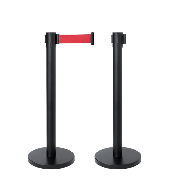 CASHDISPLAY - Pack 2 Postes Separadores con Cinta Extensible | Catenarias Eventos Estable y Resistente | Ideal para Fiestas y Comercios | 32cm diámetro x 2 m (Poste Negro, Cinta Roja)