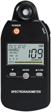 3-in-1 PAR Meter 320-800nm PPFD Tester Meter Measures PPFD/UVA/IR Light Intensity, Quantum PAR Meter for LED Grow Lights, Spectroradiometer RGB Meter 5000μmolm/s with Data Records, Hold/MAX/MIN/AVG