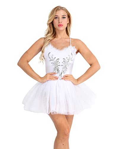 FEESHOW Damen Ballettkleid Spaghettiträger Pailletten Tanzkleid Trikot Tutu Ballerina Outfit Schwanensee Kostu?me Tanzanzug Weiß XXL