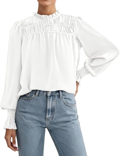 PRETTYGARDEN Blouses for Women Dressy Casual Fall Outfits 2025 Frill Neck Long Sleeve Shirts Satin Work Business Casual Tops(White,Medium)