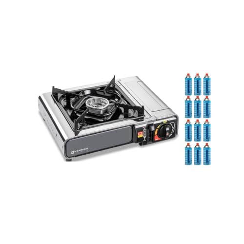 KEMPER - Réchaud à gaz INOX 2200W + 12 Cartouches gaz Allumage piezo Sécurité Insert gaz