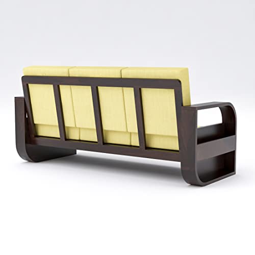 Image of Douceur Furnitures Solid Sheesham Wood 3 Seater Sofas | Three Seater Sofa for Living Room, Cafe, Office | (Walnut Cushion Lime Yellow)