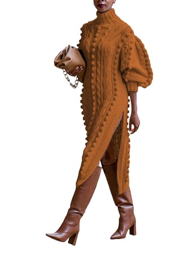 Women Puff Long Sleeve Turtleneck Maxi Sweater Dress Casual Popcorn Cable Knit Side Slit Pullover Dresses2
