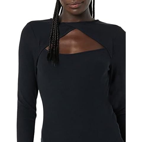 Daily Ritual Women's One Size Fine Rib Long Sleeve Cutout Bodysuit, Black, XXL Cover