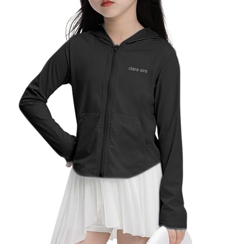 Rolanko Mädchen Sonnenschutzjacken mit Taschen, Sommer UPF 50+ Langärmelig Schnelltrocknend Kapuzenpullover Kinder Reißverschluss Sportliche Oberteile, Schwarz, Größe: 12-13 Jahre/170