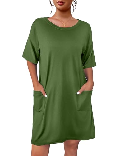 Ekouaer Sleep Shirts for Women Nightgown Short Sleeves T shirt Night Dress Round Neck Womans Nightgown with Pocket Army Green S