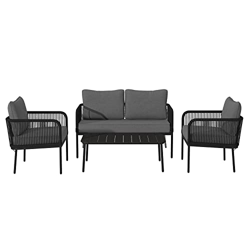 Image of DEVOKO Outdoor and Indoor 4 Seater Sofa with Center Table Wooden Top and Cushion Rope Chairs Set for Garden, Balcony (Black and Grey)