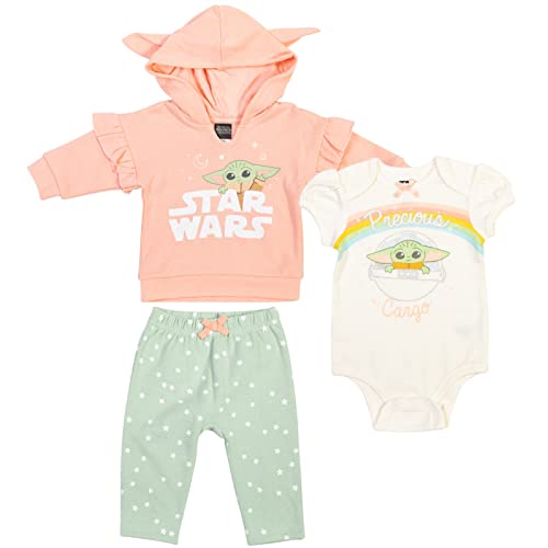 Image of STAR WARS The Mandalorian The Child Baby Girls 3 Piece Outfit Set: Pullover Hoodie Cuddly Bodysuit Pants