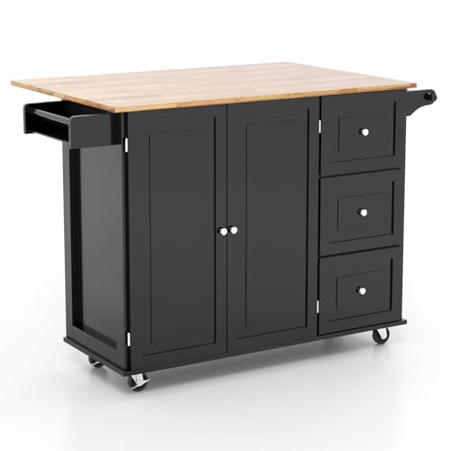 GiantexUK Large Kitchen Island, Extendable Rolling Storage Trolley with 3 Drawers and Adjustable Shelves, Dining Room Sideboard Utility Cart (Black)