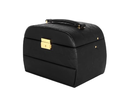 Image of KRISHYAM Luxury Lockable 3 Layer Leather Jewelry Box Organizerwith Mirror, Drawer & Key - Black Faux Leather Travel Case for Women & Girls
