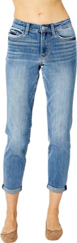 Judy Blue Mid Rise Cuffed Slim Jeans - Comfy & Stretchy Denim for Everyday Wear 82441-