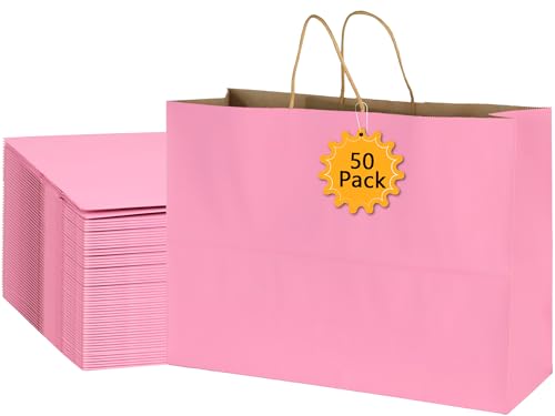 BLEWINDZ 50Pcs Pink Gift Bags Large 16x6x12 Inches Kraft Paper Bags with Handles Bulk – Goodie Bag Shopping Bag for Grocery Merchandise