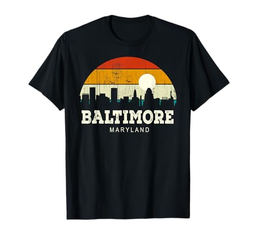 Vintage Retro Style Pine Tree Sun Baltimore Maryland skyline Maglietta