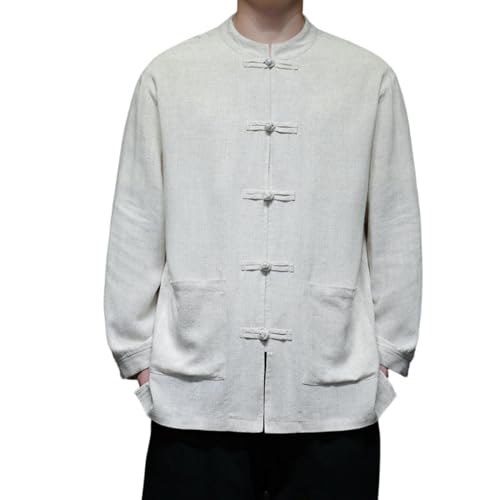 Chemise en lin homme col montant et manches longues style chinois décontracté