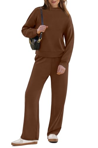 Image of WIHOLL Two Piece Sets for Women Fall Outfits Lounge Sets Mock Neck Tops Wide Leg Pants Vacation Travel Airport Outfits