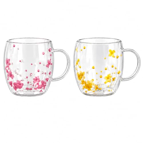 Image of KiKiluxxa 250ml Double Wall Glass Tea Coffee Mug Set of 2 | Glass Cups with Movable Decorative Flowers & Pearl Beads | Insulated Glass Mug for Tea, Coffee, Milk, Gift- Surprise Color Assortment
