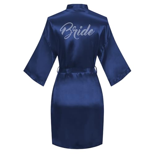 Image of Women's Bride Bridesmaid Robes Short Satin One Size Silver Rhinestones Wedding Party Getting Ready Sleepwear