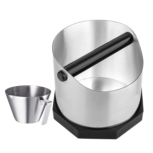 Gocoffun Coffee Knock Box, Large Capacity Espresso Knock Box with Non-Slip Base, Coffee Measuring Cup,Coffee Puck Knock Box Stainless Steel for Espresso Machine Coffee Grounds (Silver)