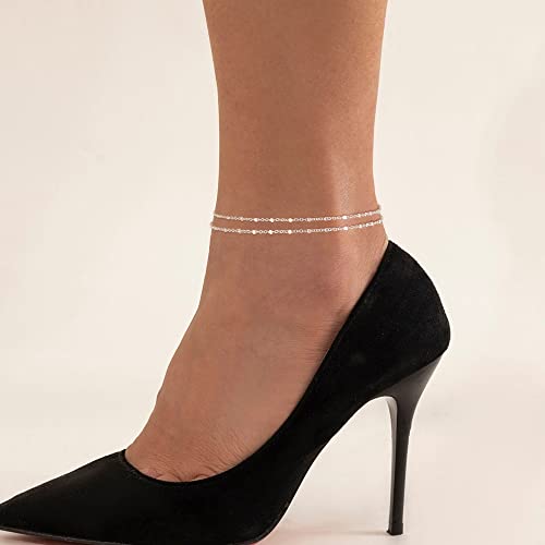 Image of Freekiss Sterling Silver Ankle Bracelets for Women: Dainty Layered Waterproof Anklet for Women Adjustable Womens Anklet Set Stackable Figaro Beaded Cuban Link Anklets Beach Jewelry for Women