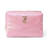 Juicy Couture Pink Makeup Bag Cosmetics Organizer Travel Essentials Zip Top Wedge Faux Leather Heart