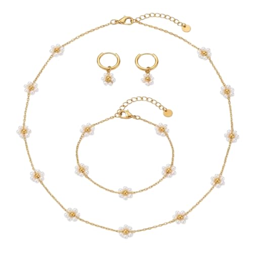 CHICVISION Daisy Pearl 3Pcs Jewelry Set - 14K Gold Plated Stainless Steel Necklace Bracelet Earrings Birthday Gift for Her