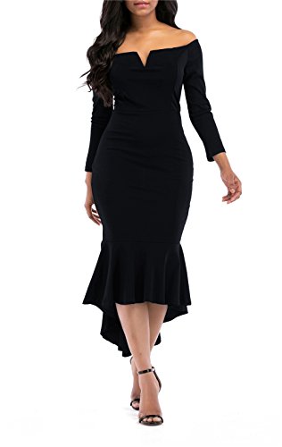 Onlypuff DRESSES-YS006-BLACK-XL- Fishtail Dresses For Women Midi Bodycon Dress Long Sleeve V Neck Cocktail Dress Xl Black, thumb #2