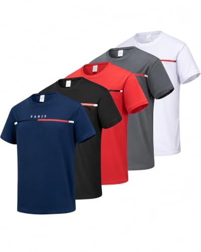 XWC Men's Athletic T-Shirts, Paris Graphic, Short Sleeve, Crew Neck, 100% Polyester, Multi-Color, 5-Pack (US, Alpha, Large, Regular, Regular, 5 Pack【Multicolor】)