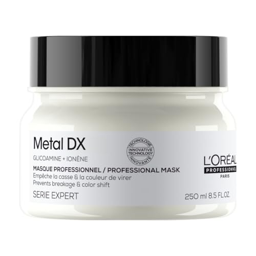 L'Oréal Professionnel Haarmaske für alle Haartypen, Anti-Haarbruch, Feuchtigkeit, Geschmeidigkeit & Glanz, kraftvolles Haar, frischer Duft, mit Glicoamin, Serie Expert, Metal DX Maske, 250ml